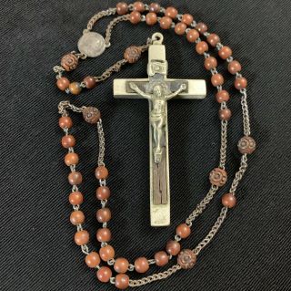Vtg Rosary Wood Inlaid Crucifix Cross Hand Carved Beads Very Old Rare Antique