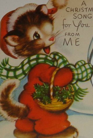 Vintage Christmas Card,  Sweet Kitty Cat Singing,  Rust Craft 5 "