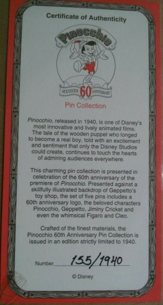 Disney Pinocchio - 60th Anniversary - 5 Pin Set - Framed - Limited Edition - 155 3