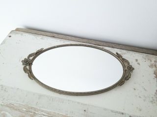 Antique Vintage Gold Gilt Ornate Handles Oval Mirrored,  Vanity Tray