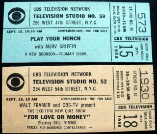 2,  1958 Cbs Tv Tickets To Game Shows Hosted By Merv Griffin,  Bill Nimmo