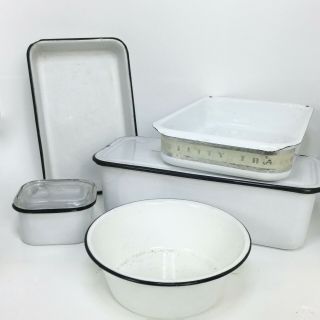 7pc Vintage Enamelware Set Baking Loaf Pan Trays Bowl Lidded Utility White Black