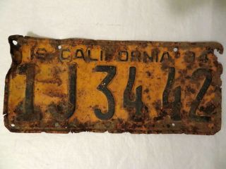 Vintage 1934 Ca California 1j3442 License Plate