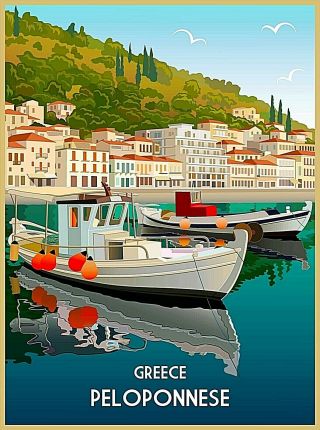 Peloponnese Greece Greek Isles Island Retro Travel Wall Decor Art Poster Print