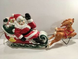 Empire Plastic Blow Mold Santa In Toy Filled Sleigh And Reindeer Usa 1970s