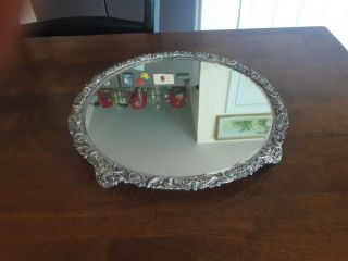 Vintage Ornate Round Beveled Footed Vanity Dresser Top Mirror