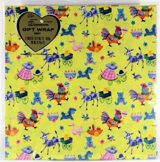 Dennison Vintage Gift Wrap,  Baby Shower,  Animals,  Yellow,  Multi - Color,  2 Sheets