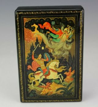 Russian Black Red Lacquered Painted Folk Lore Fairy Tale Jewelry Trinket Box Jef