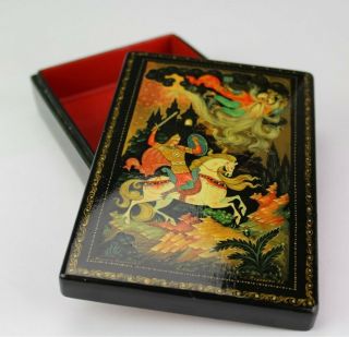 Russian Black Red Lacquered Painted Folk Lore Fairy Tale Jewelry Trinket Box JEF 2