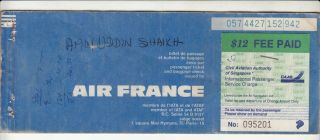 1978 Air France Airlines Passenger Ticket With 12.  00$ Singapore Tax Revenue Tag