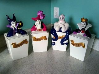 Disney Villains 4 Canister Cookie Jar Set.  Vg,