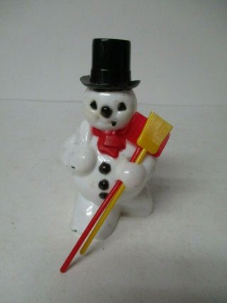 Vintage Rosbro Christmas Candy Container - Snowman W Shovel & Broom