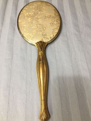 Vintage Gold Tone Dresser Hand Mirror With Gold Floral Stitching