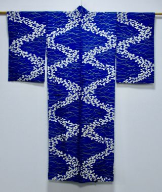 Japanese Silk Antique Hitoe Kimono / Indigo Blue / Hiraginu Silk Fabric /337