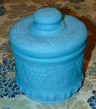 Vintage Fenton Satin Glass Humidor Biscuit Jar Grape & Cable Blue