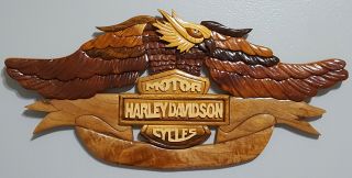 Hand Carved Wood Eagle With Harley Davidson Logo