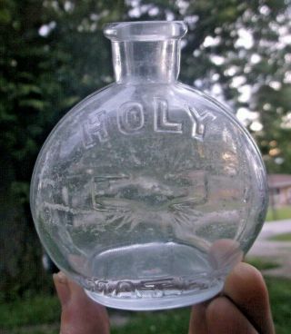 Catholic Holy Water Bottle With Pictured Crucifix Hand Blown 1905 Era L@@k
