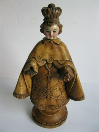Antique Italian Infant Jesus Of Praque Carved Wooden Statue With Glass Eyes 13 "