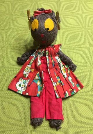 Vintage Black Americana Doll Two Faced,  Handmade Brown Yarn 14 " Calico Dress