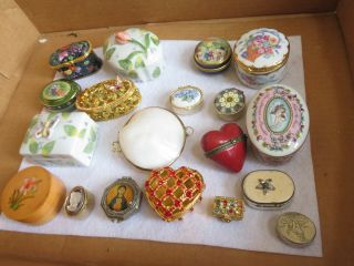 Vintage Pill Snuff Box Trinket Candy Tins Porcelain Rhinestone & More (r648)