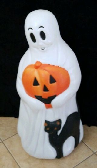 Empire Ghost Holding A Jol Pumpkin Black Cat 33 " Tall Vintage Plastic Blow Mold