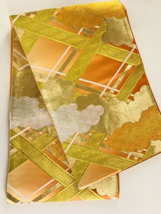 Japanese Kimono / Vintage Fukuro Obi / Orange Gold Clouds