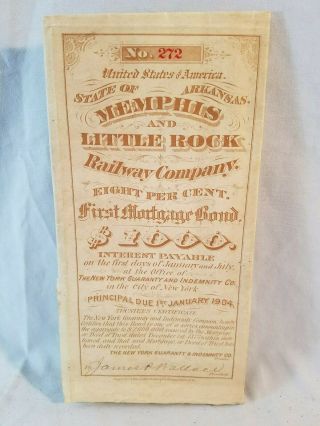 1873 Memphis & Little Rock Railway Co $1000.  00 First Mortgage Bond