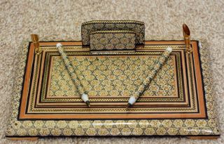 Persian Handcrafted Wooden Inlaid Khatam Marquetry Pen Holder With Khatam Pen