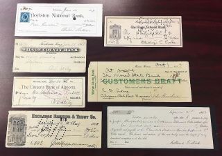 7 Different Old Bank Checks - 1879 - 1923