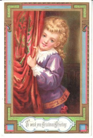Scarce Antique Christmas/new Year Greeting Card Boy Curtain Poem On Reverse