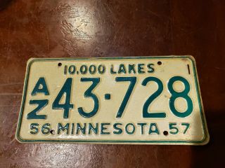 1956 1957 Vintage Green On White Minnesota License Plate 10,  000 Lakes Az43 - 728