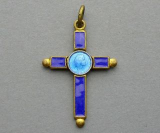 Saint Virgin Mary.  Antique Religious Enamel Cross.  Pendant.  Medal.  French.
