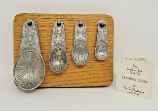 Vintage Tin Woodsman Pewter Co.  Bamboo Pattern Measuring Spoon Set & Wood Holder