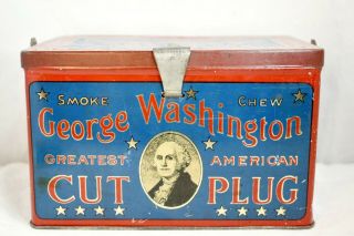 Vintage George Washington Cut Plug Tobacco Wood Handle Lunchbox Tin
