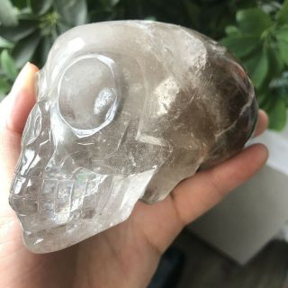 650g 4.  92  Natural Smoky Quartz Crystal Hand Carved Alien Skull Sq