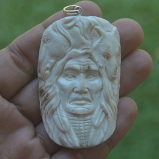 Horse Wolf Indian Carving 61x40mm Pendant P3638 W/ Silver In Antler Hand Carved