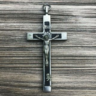Vintage Antique Early Brass Crucifix Skull & Cross Bones Jesus Pendant Rosary