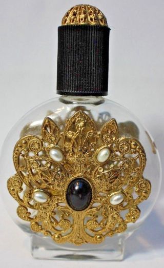 Old Vintage Perfume Bottle Gold Filigree Design Faux Pearls & Onyx 1940 