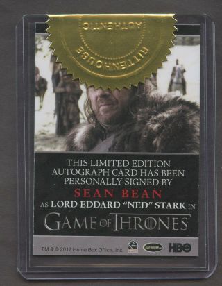 2012 Rittenhouse HBO Game of Thrones GOT Sean Bean as Ned Stark w/ Seal 2