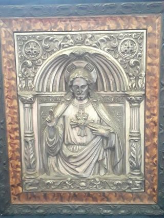 Antique Repousse Relief Jesus Wall Hanging Figure Art Sacred Heart Silver Pictur
