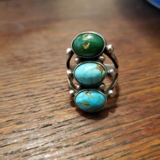 Old Navajo Silver 3 Turquoise Stones Ring Exc Size: 6