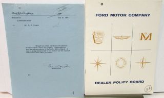 1956 Ford Motor Co Dealer Policy Board Brochure W/letter Signed By Benson Ford