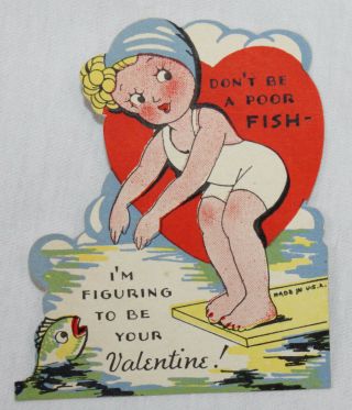 Vintage Valentines Day Card Girl Swimming Fish Diving Board 30s 40s Die Cut
