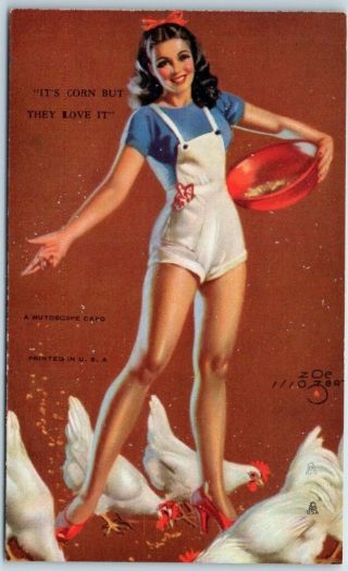 1940s Pin - Up Girl Mutoscope Card Brunette Farm Girl Feeding Chickens Zoe Mozert