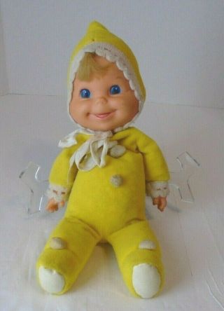 Vintage 1970 Mattel Baby Beans Yellow Bean Bag Baby Doll Blue Eyes Repaired