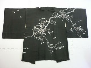 Japanese Vintage Kimono,  Haori,  Silk,  Black,  Tree,  N071102