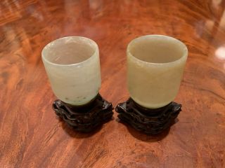 A Pair Chinese Antique Jade Cups with Carved Wooden Stands. 2