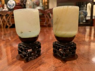A Pair Chinese Antique Jade Cups with Carved Wooden Stands. 5