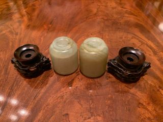 A Pair Chinese Antique Jade Cups with Carved Wooden Stands. 6