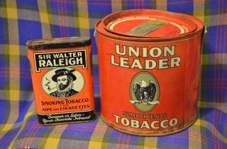 Vintage Tobacco Tins - Round Red Union Leader & Pocket Sir Walter Raleigh